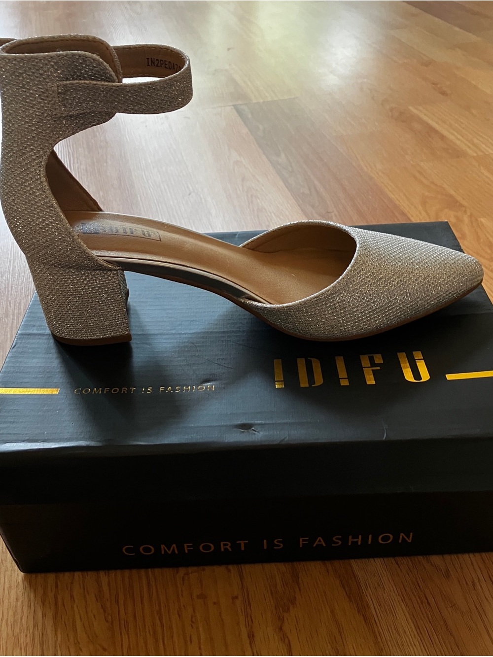 IDIFU Women's Sparkle Pointed-Toe Ankle-Strap Block Heel in Champagne Glitter